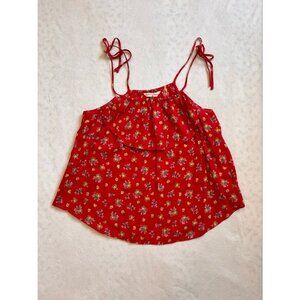 Rebecca Taylor Womens Top Red Floral Print Blouse Tank Top Ruffle Size 6